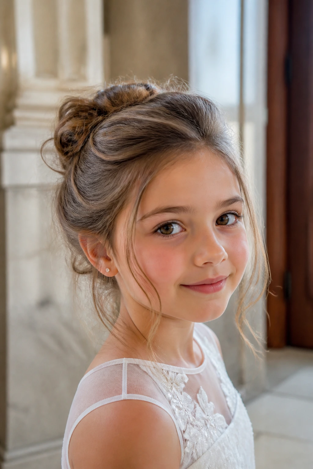 Close-up of real child with soft messy bun and gentle edges