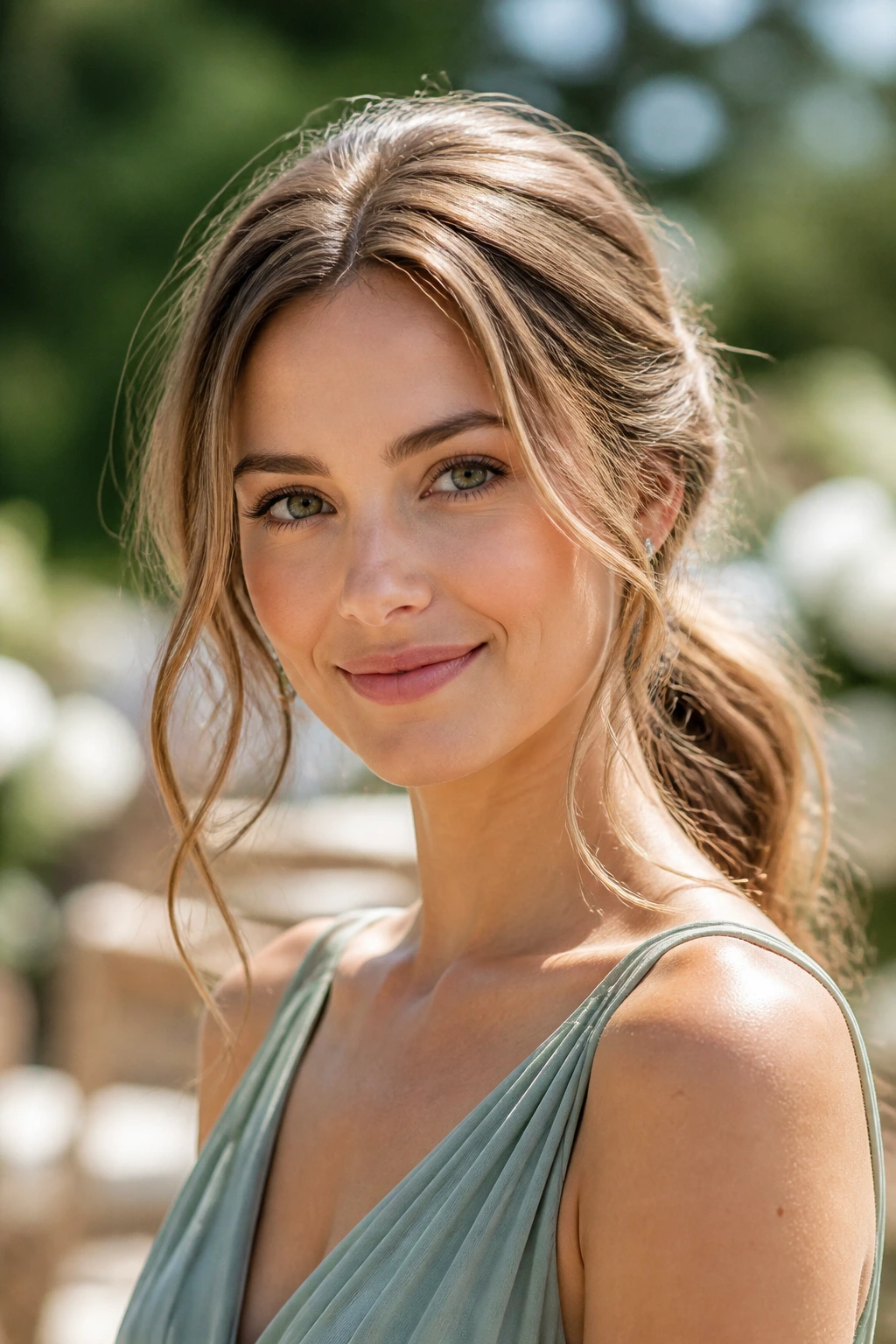 Close-up portrait of a real woman with a soft messy low ponytail outdoors