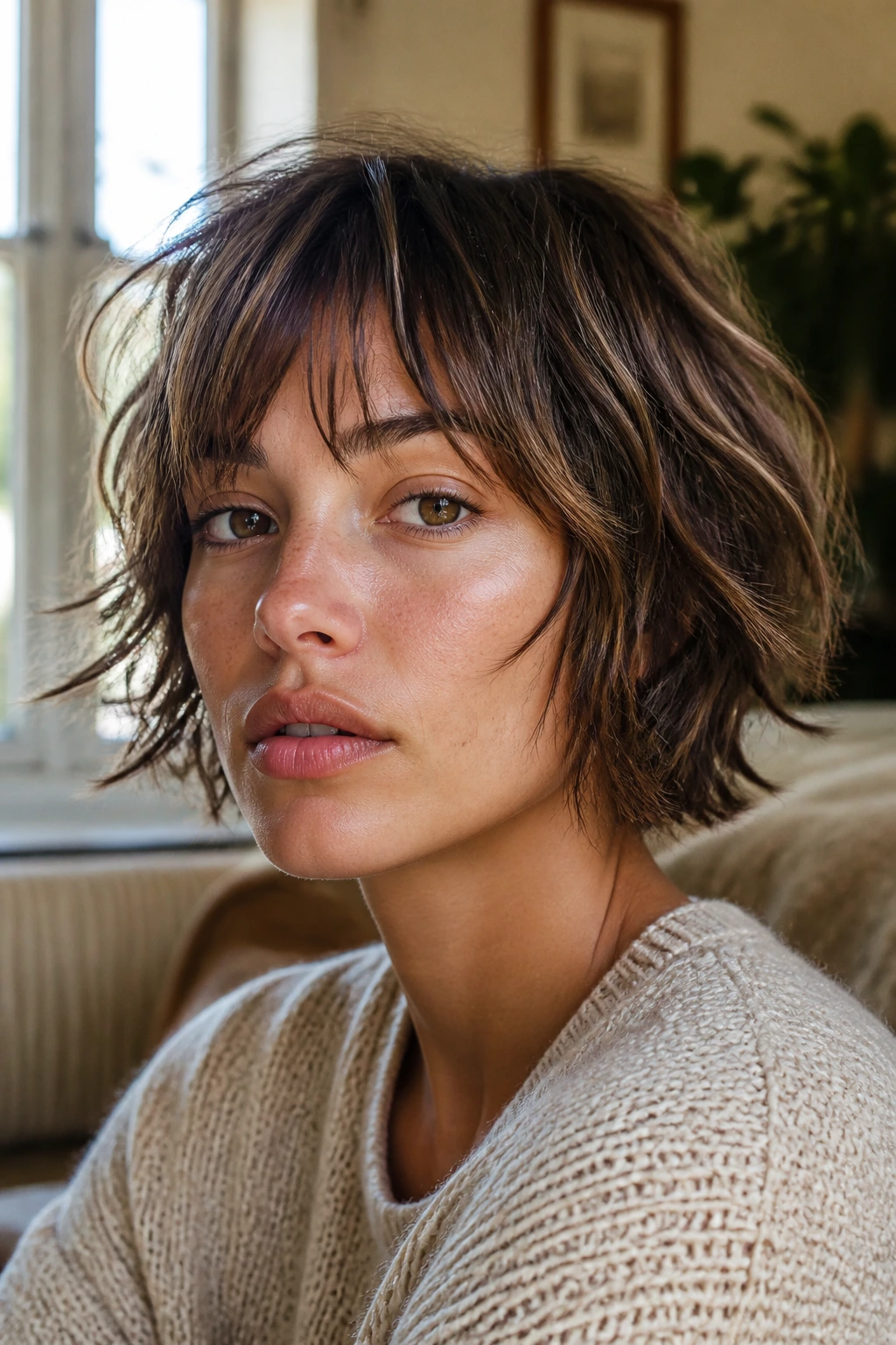 Softly textured shaggy bob with loose pieces in natural window light