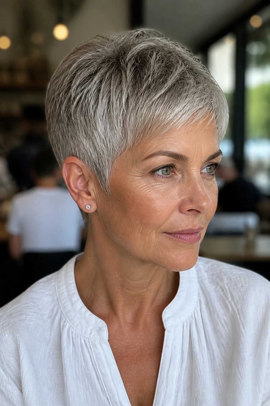 Portrait of a woman with a soft metallic crop in an urban cafe setting