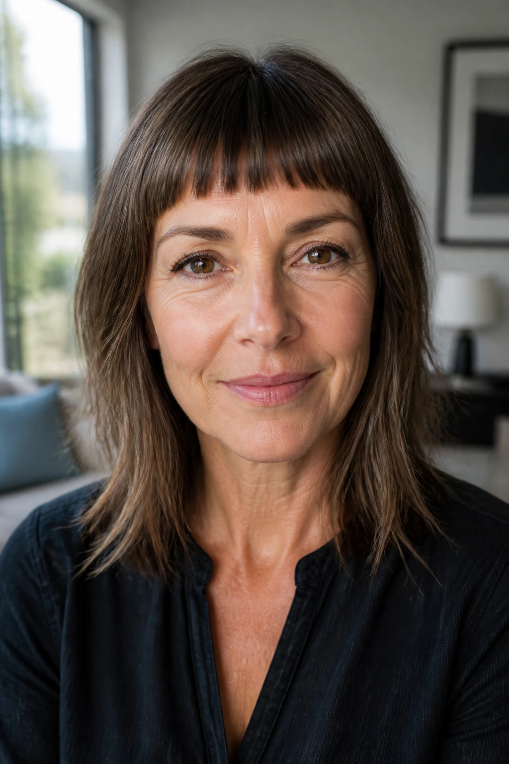Close-up of a real woman with soft micro bangs framing the forehead