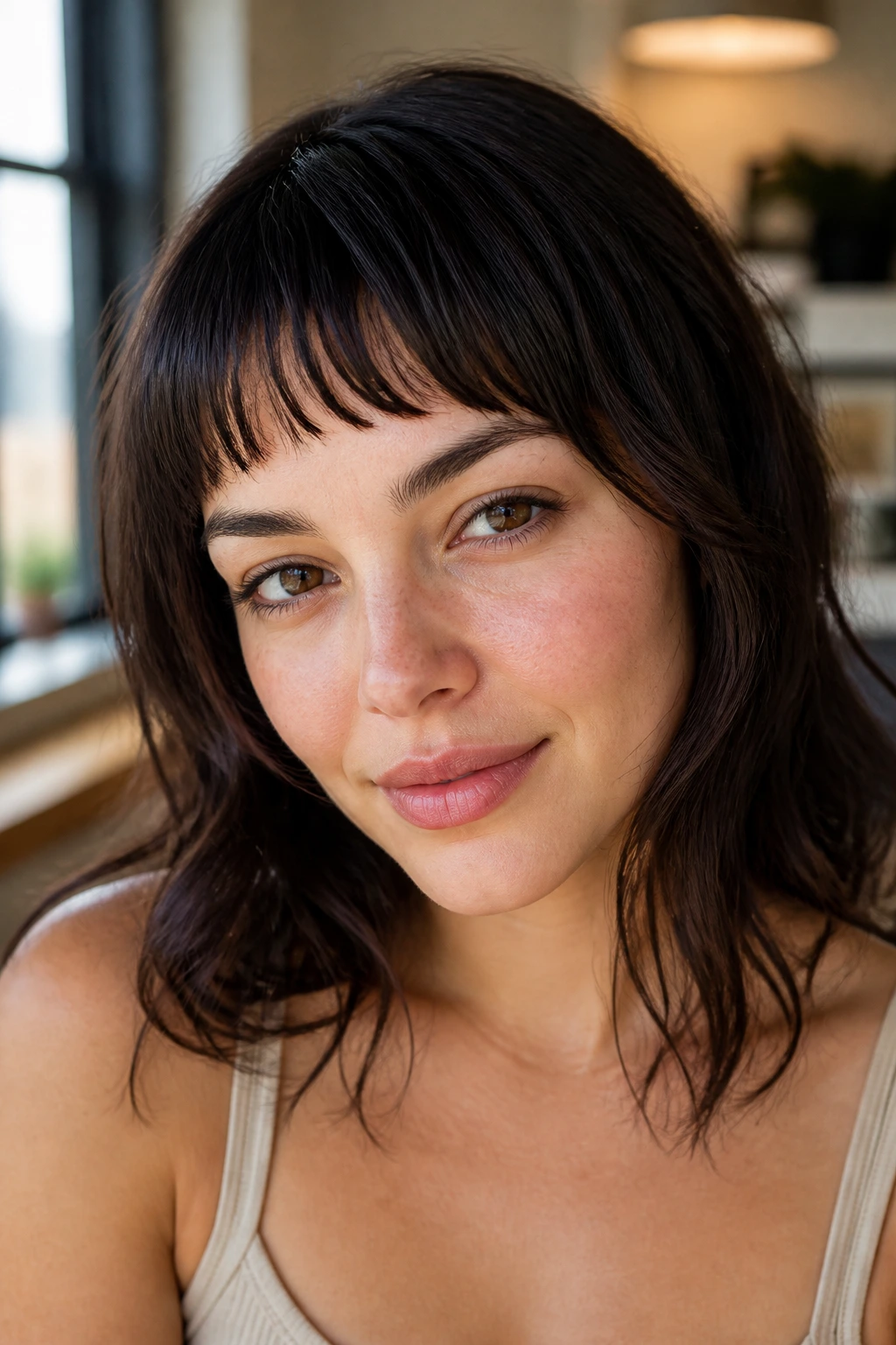 Real woman with soft micro bangs to elongate a round face.