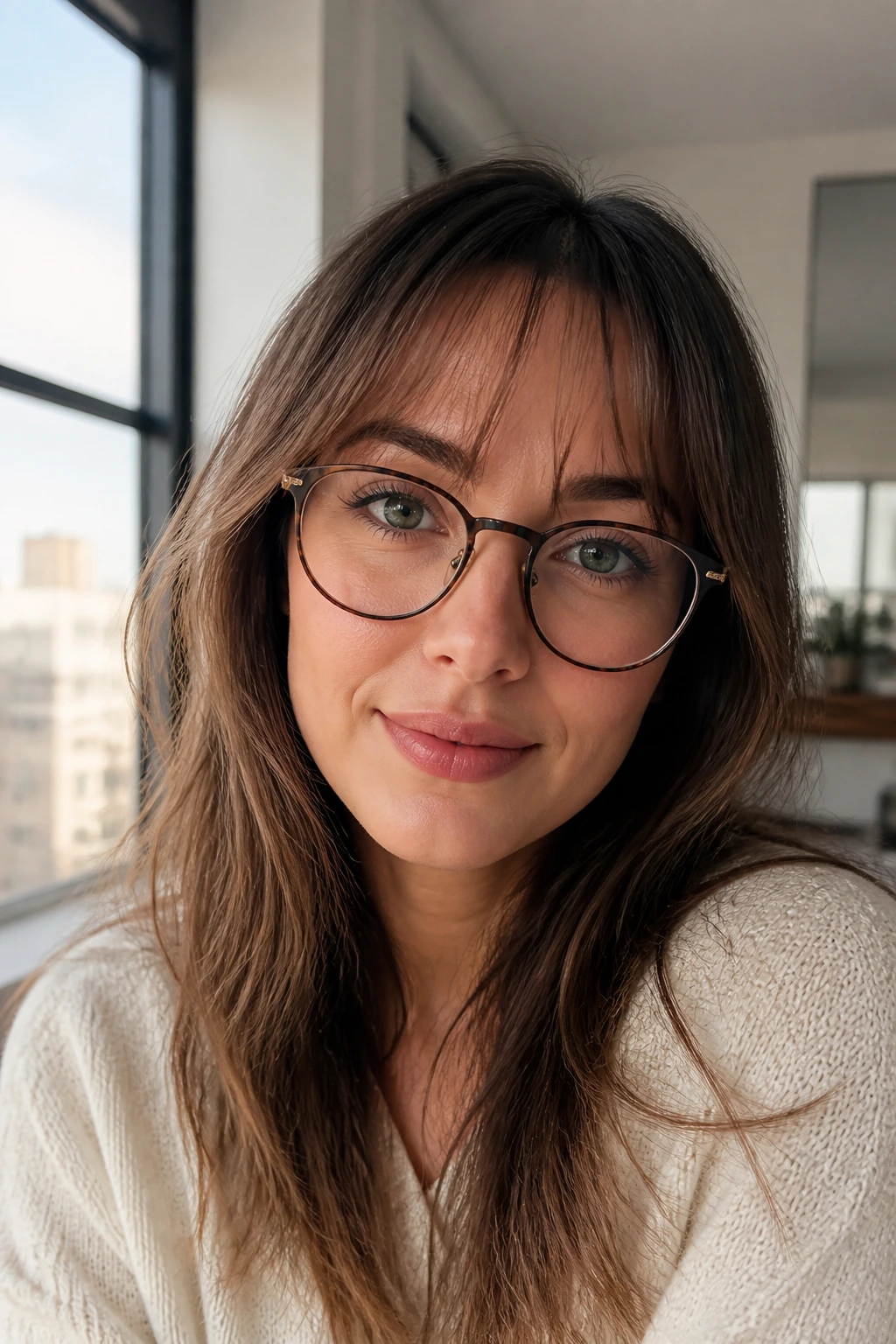 Portrait of a real woman with soft micro curtain bangs and glasses in a bright urban apartment
