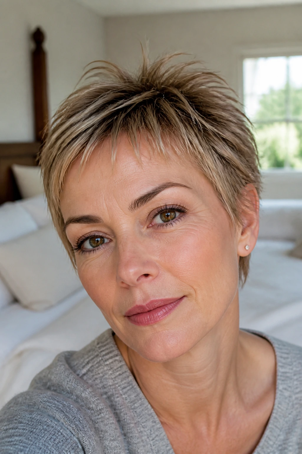 Close-up of a real woman with soft micro-feathered fringe in bright natural light