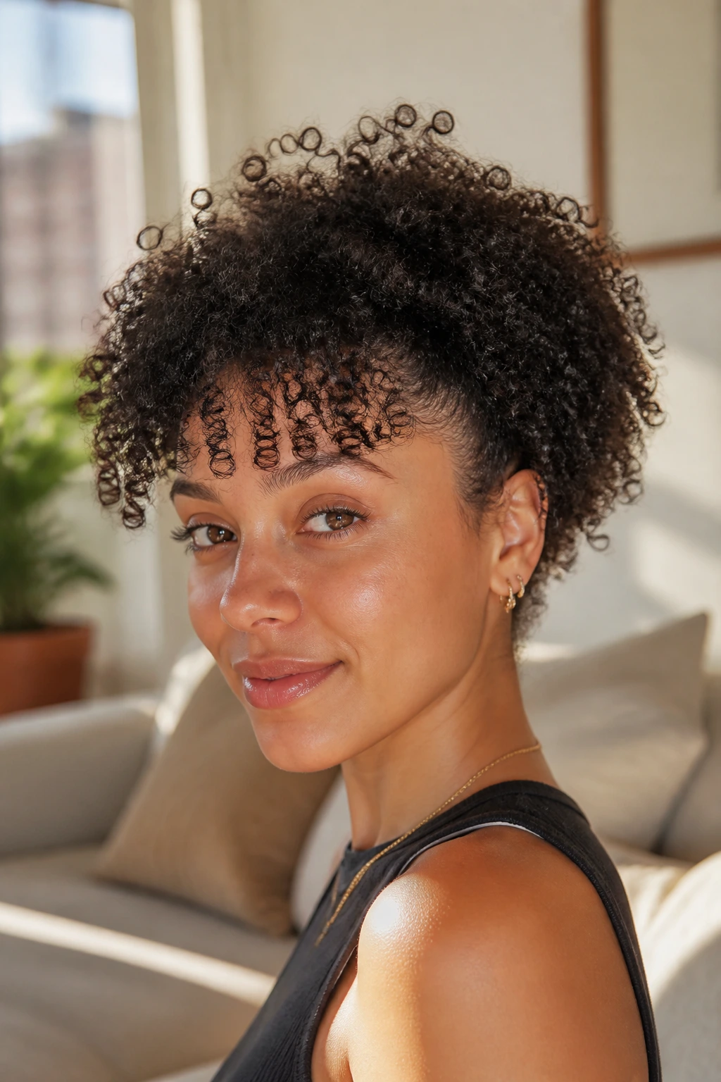 Close-up of a real woman with tight coils and airy micro-fringe, natural light.