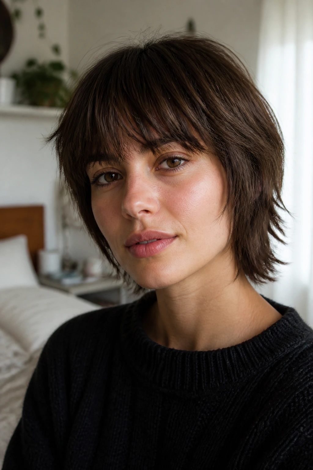 Close-up of a person with a soft micro-shag and brow-grazing bangs in warm window light