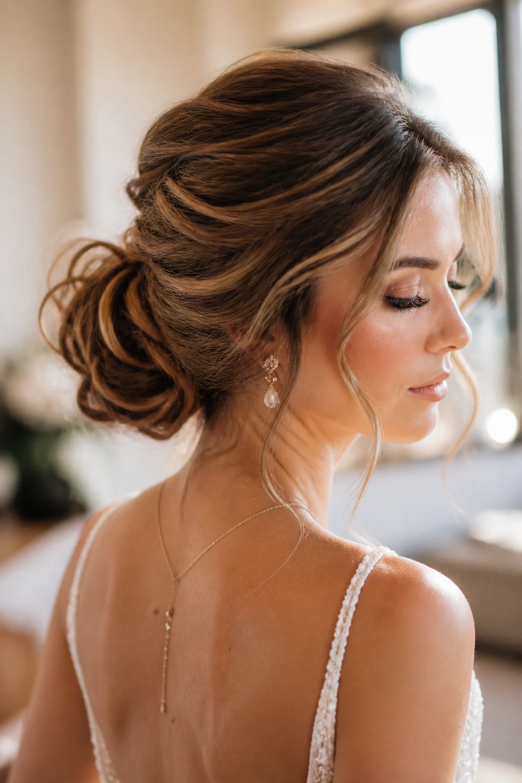 Close-up of a real bride with a soft mid bun for shorter hair