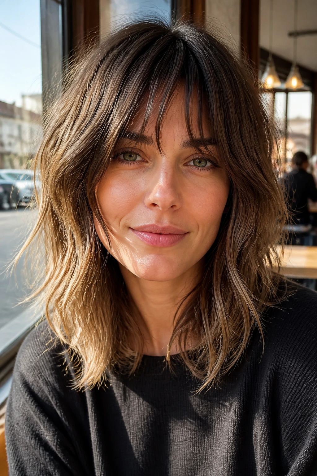Close-up of a real woman with soft midi shag at shoulder length in daylight