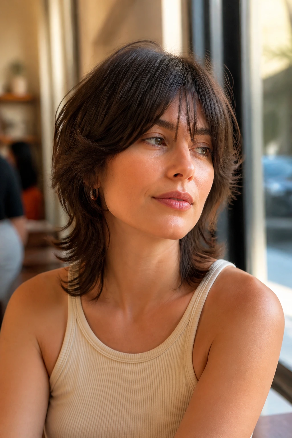Close-up portrait showing a soft, wearable mini wolf cut on a real person in a cafe setting