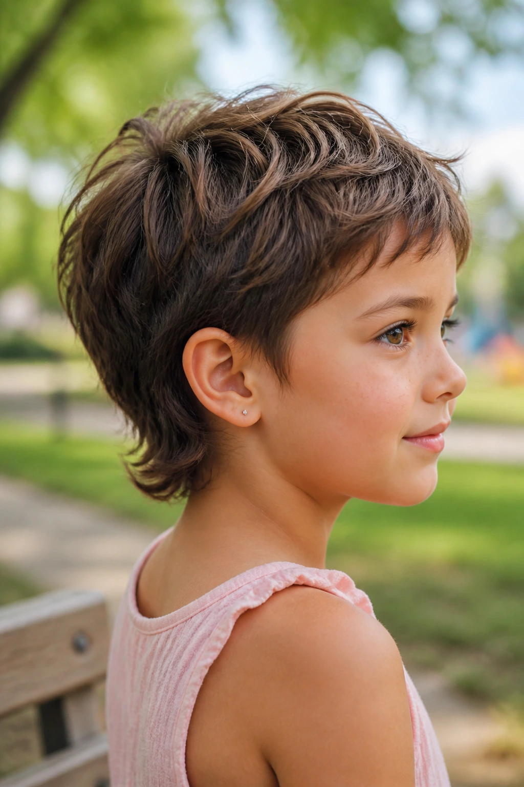 Profile of a child with soft mixie hairstyle showing crown texture