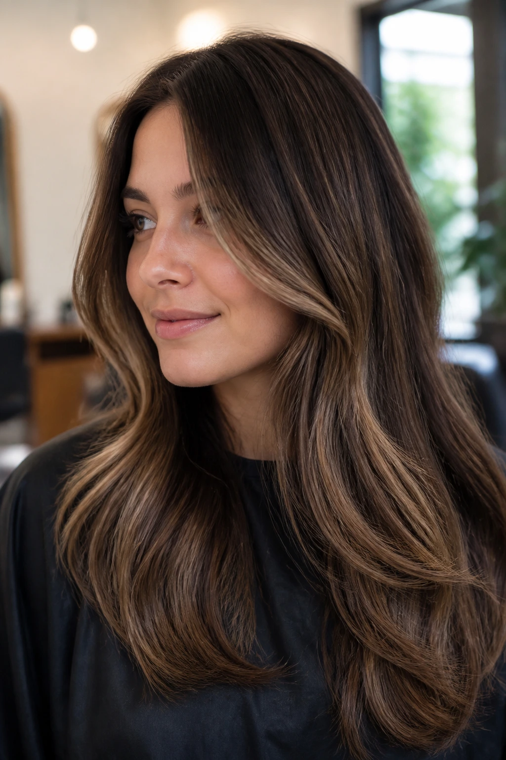 Portrait of a real person with contour mocha balayage around the face