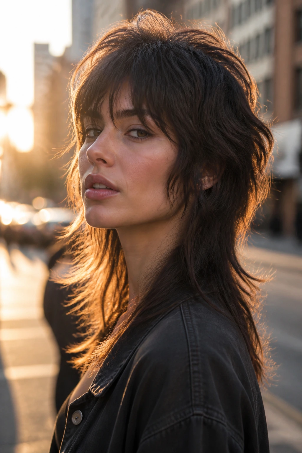 Close-up portrait of a real woman with a soft modern mullet shag in golden hour street light