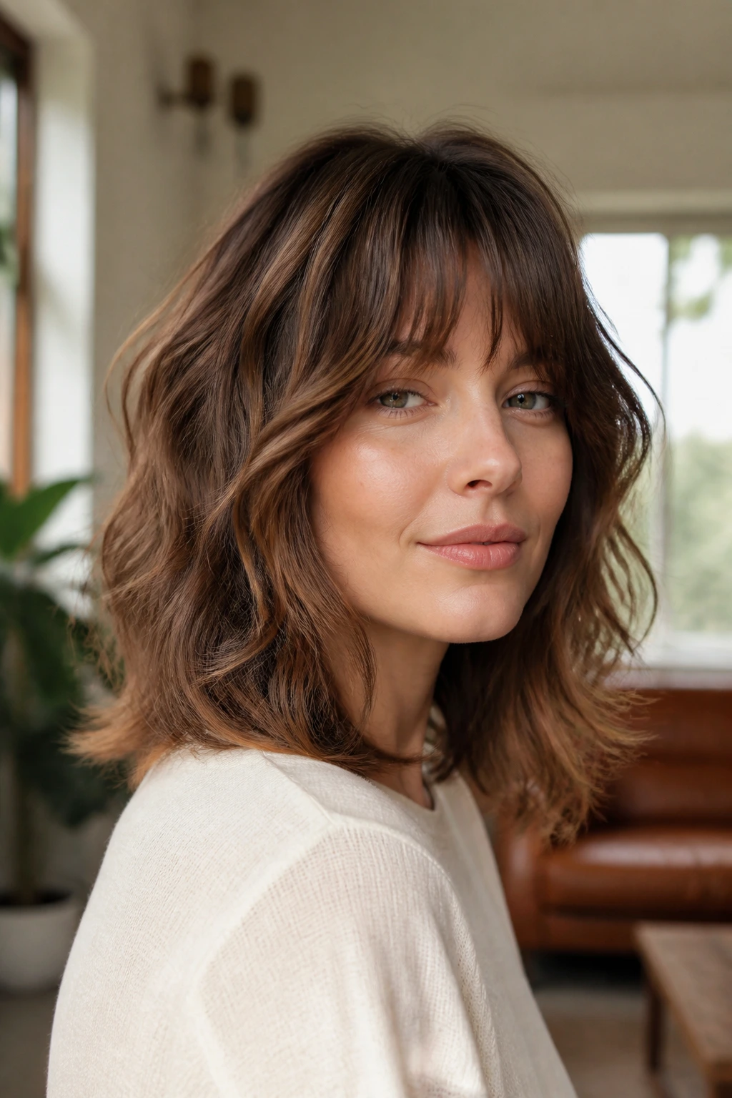 Close-up portrait of a real person with soft modern shag and gentle fringe