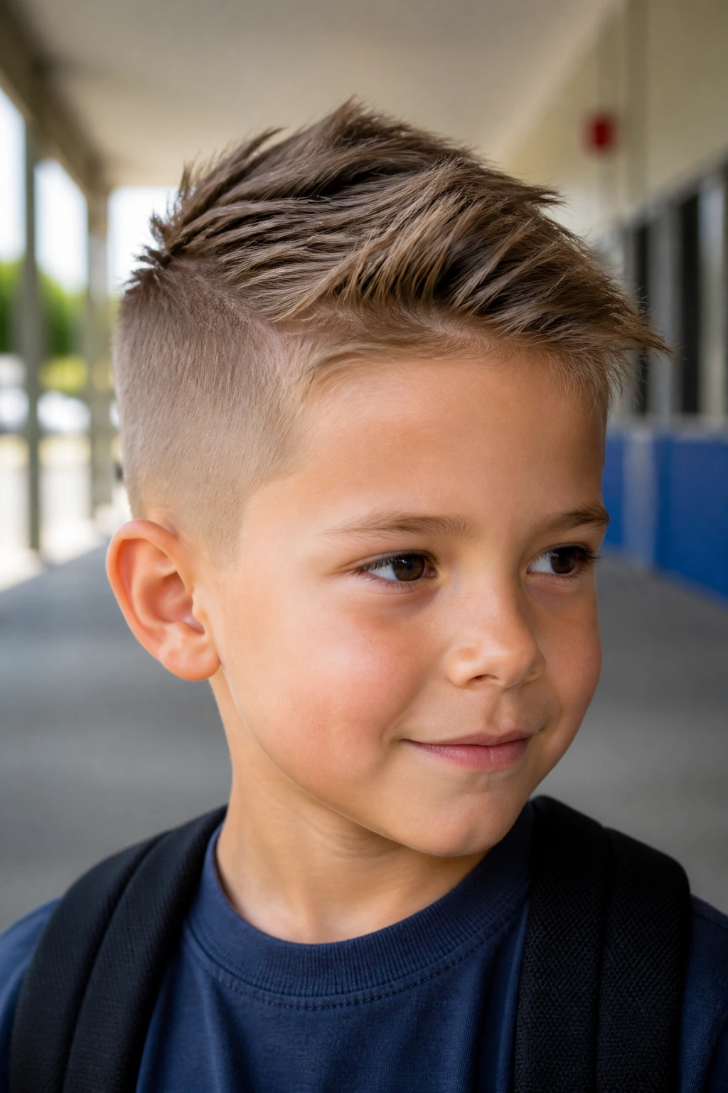 Child with soft mohawk hairstyle in a school setting