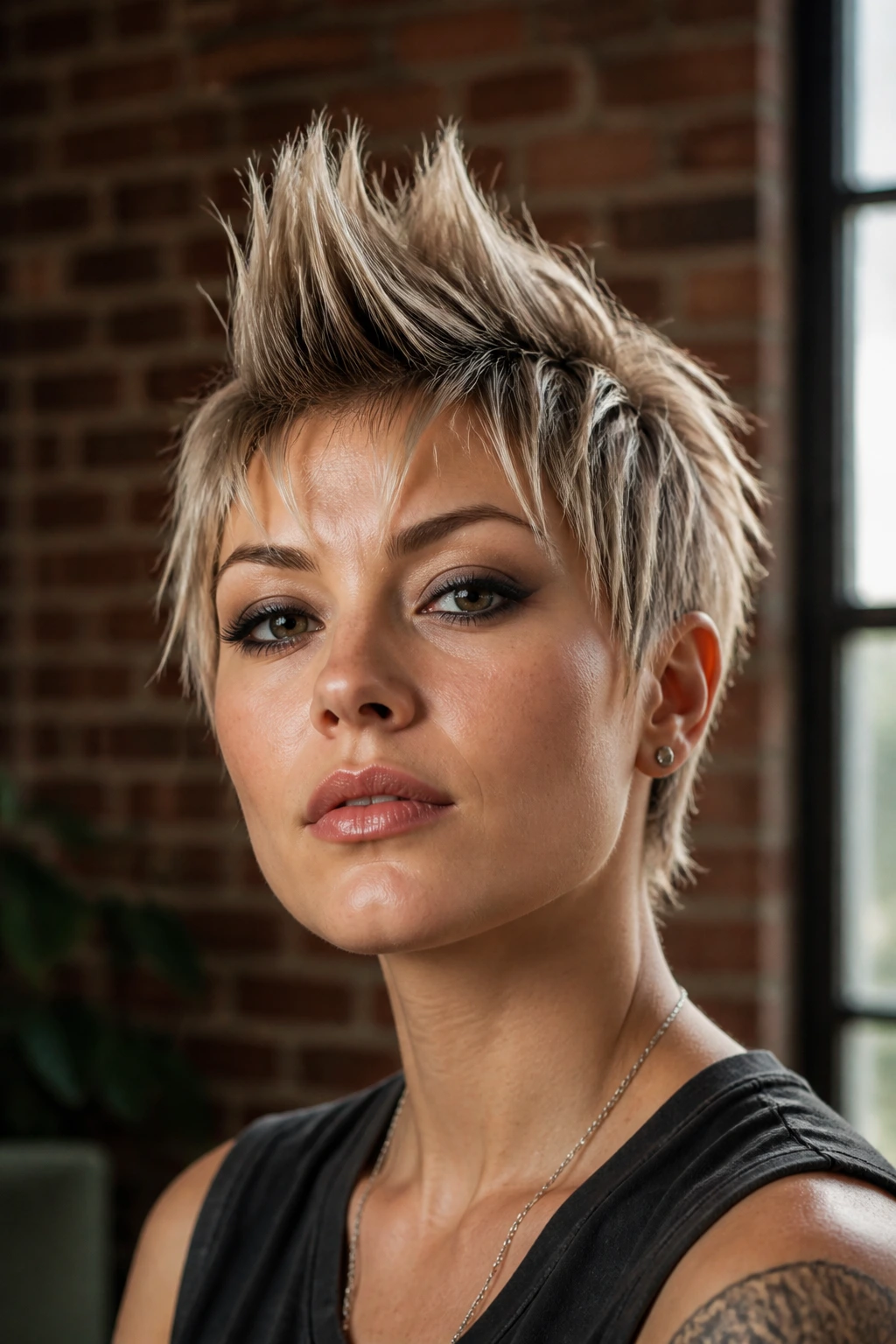 Portrait of a real person with soft mohawk fringe in an urban loft