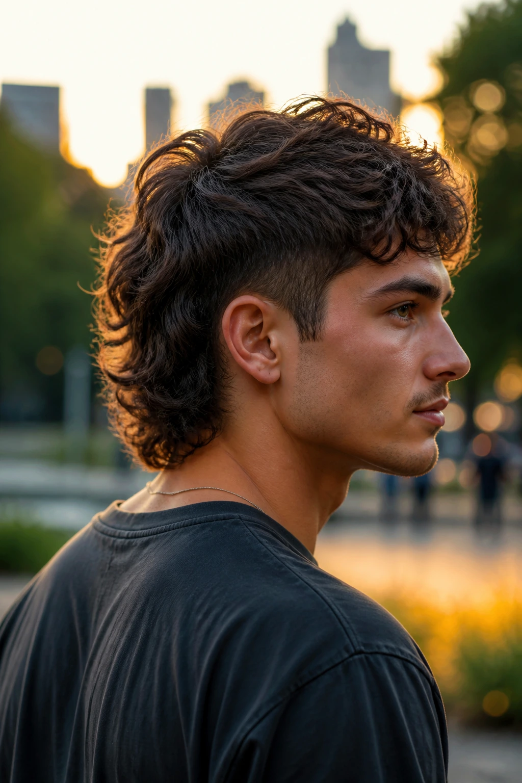 Portrait of a real person with a soft mohawk mullet in a park setting
