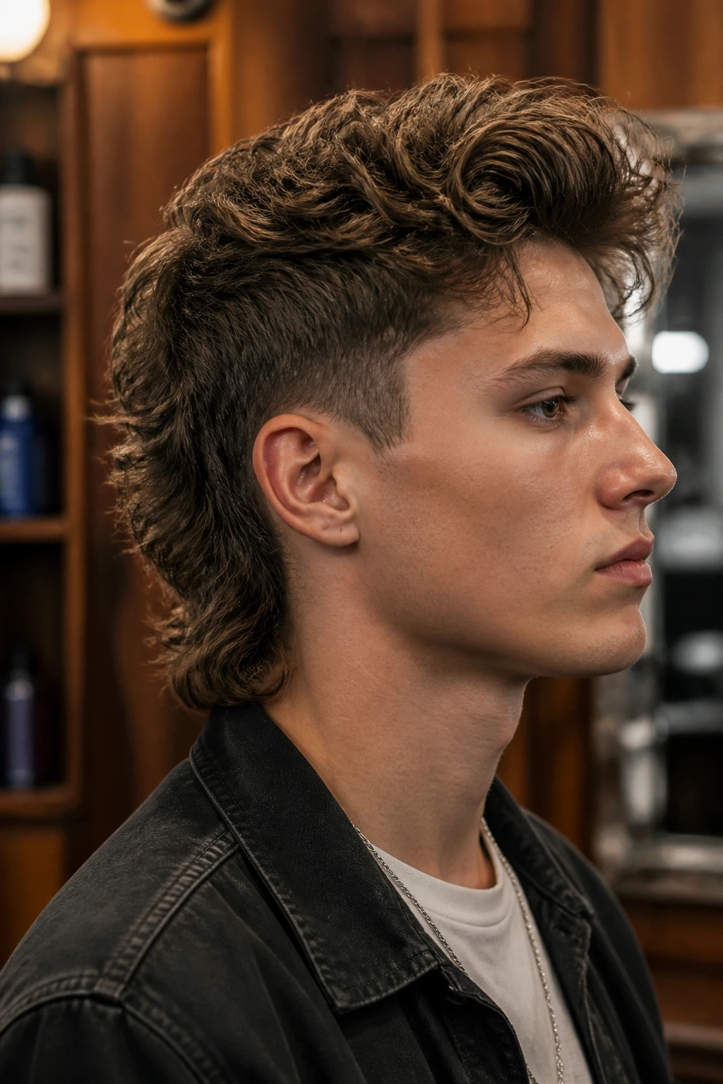 Close-up portrait of a real person with a soft mohawk mullet and natural waves