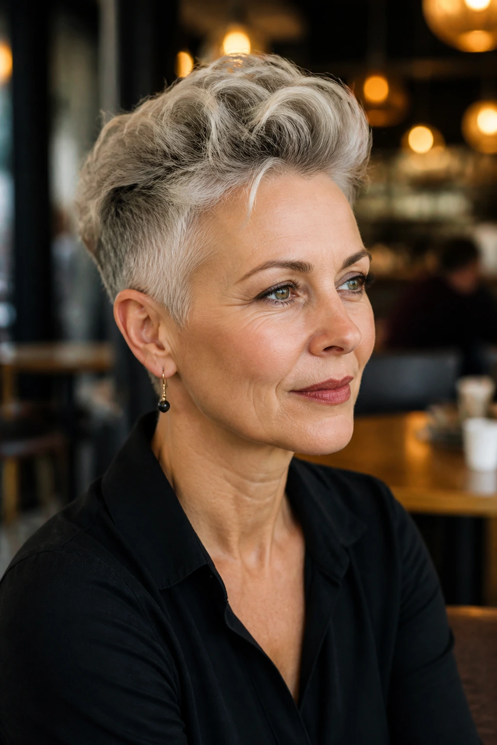 Close-up of a real woman with a soft Mohawk pixie