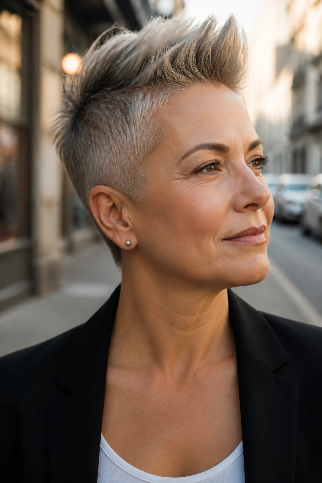 Portrait of woman with soft mohawk pixie hairstyle
