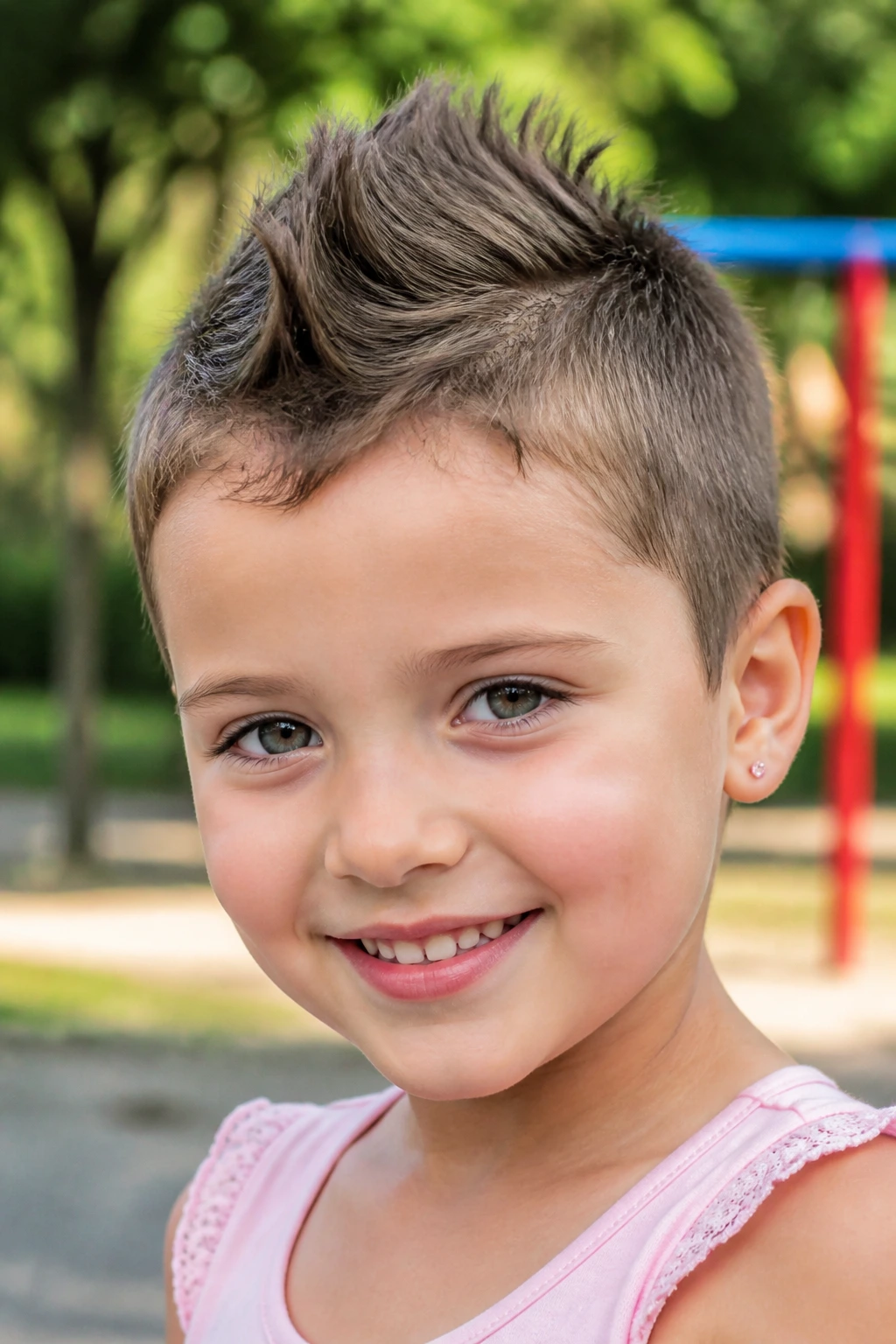 Close-up of a child with a soft mohawk pixie showing a center strip of hair