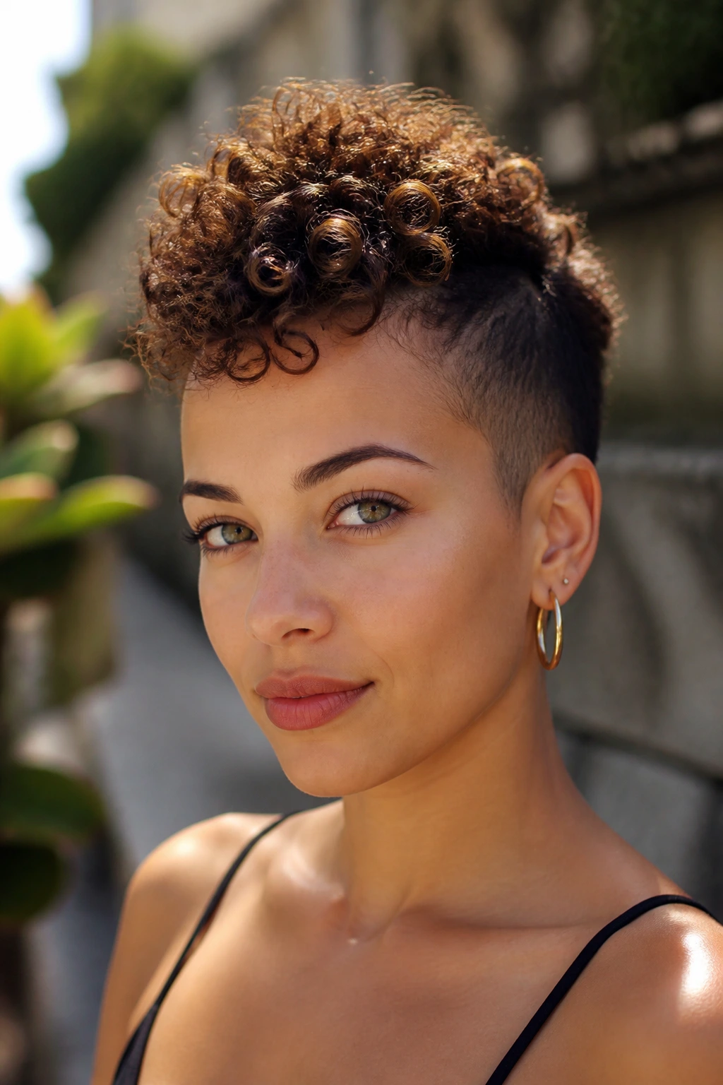 Close-up portrait of a real woman with a soft mohawk pixie hairstyle.