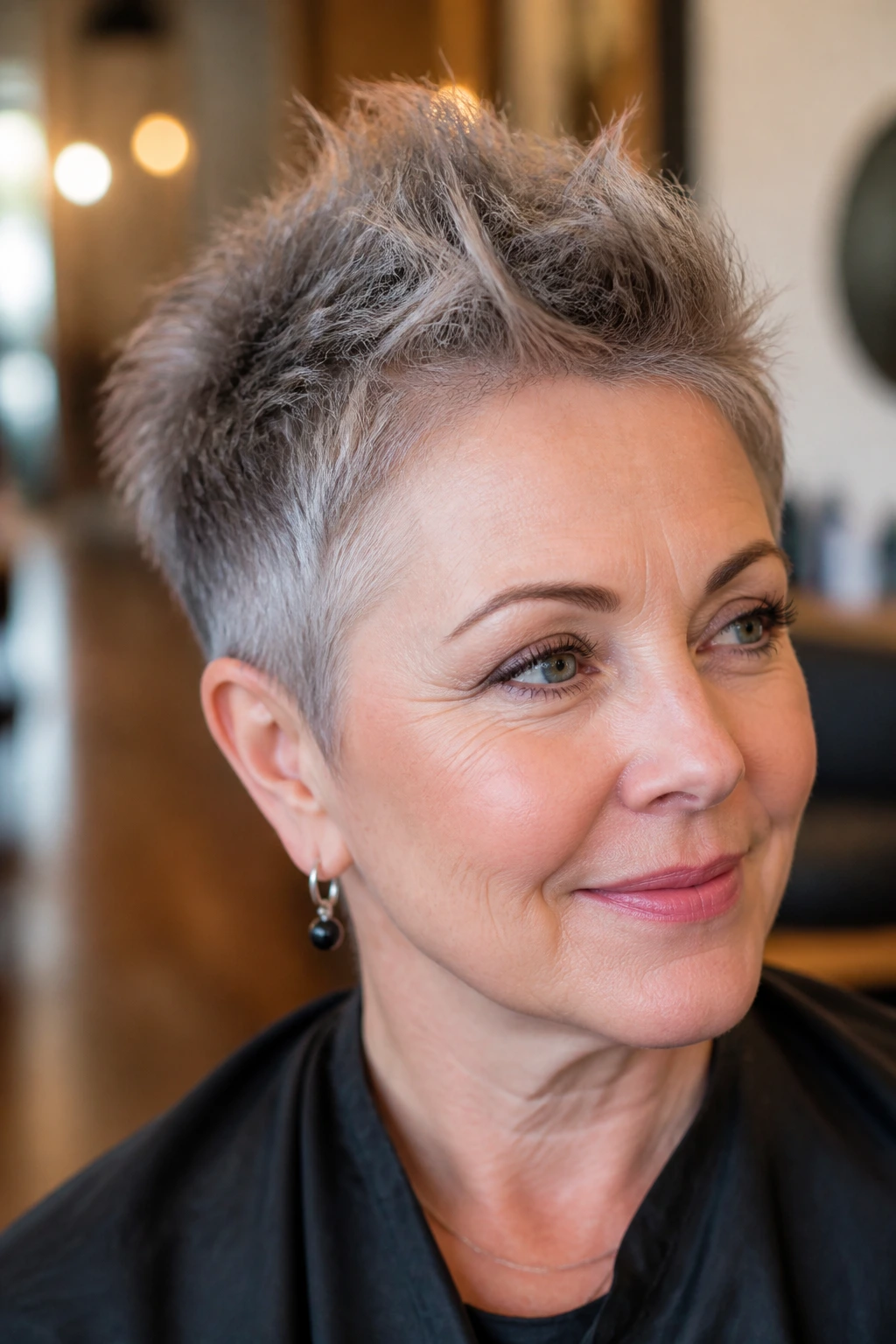 Close-up portrait of a real woman with a soft mohawk pixie, crown lift and temple-hugging sides.