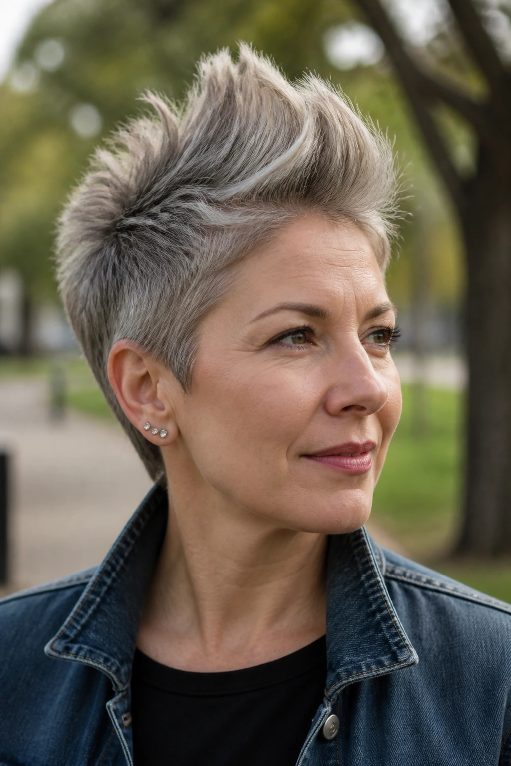 Portrait of a person with a soft mohawk pixie in soft daylight outdoors