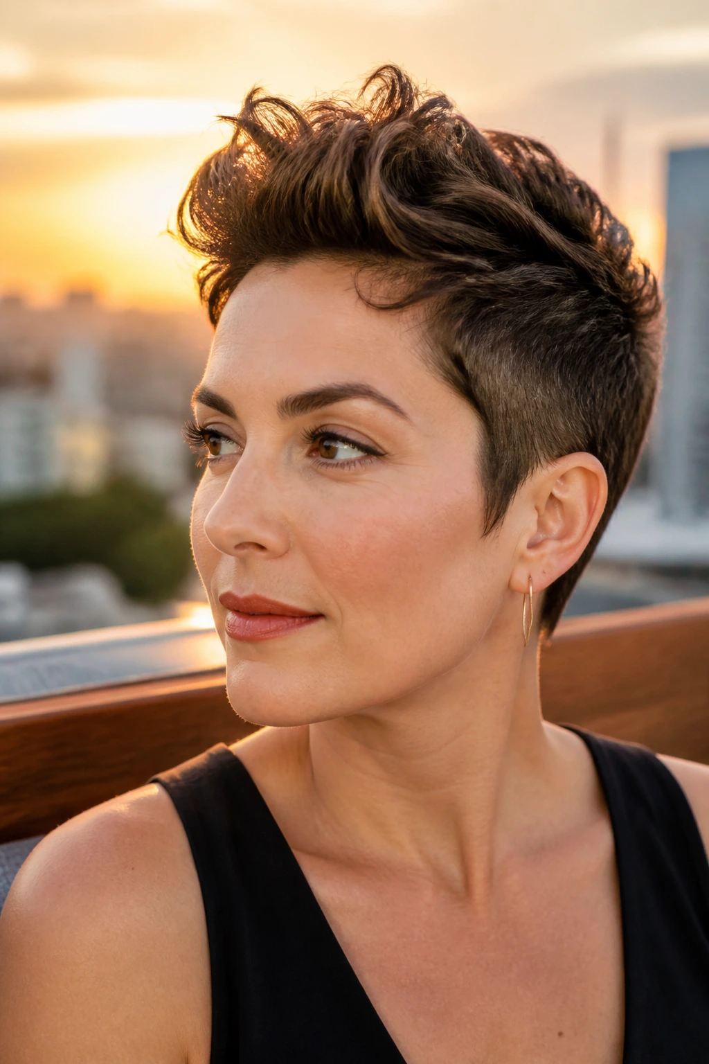 Real person with soft mohawk pixie hairstyle on an outdoor terrace at golden hour