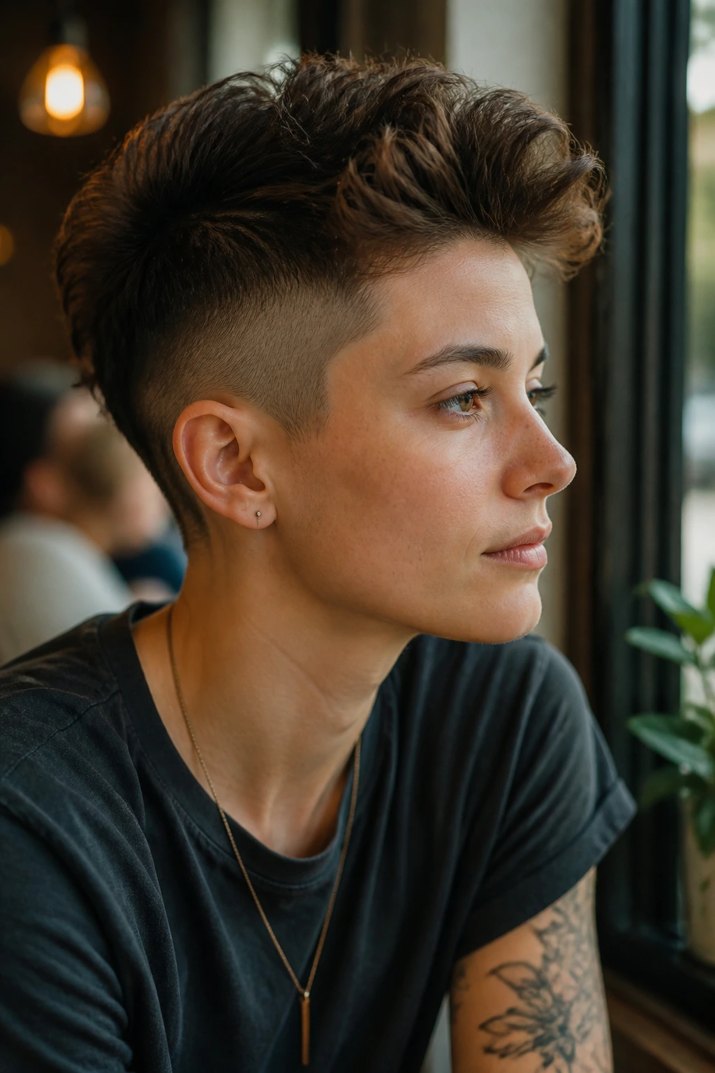 Close-up portrait of a real person with a soft mohawk strip in a cafe setting