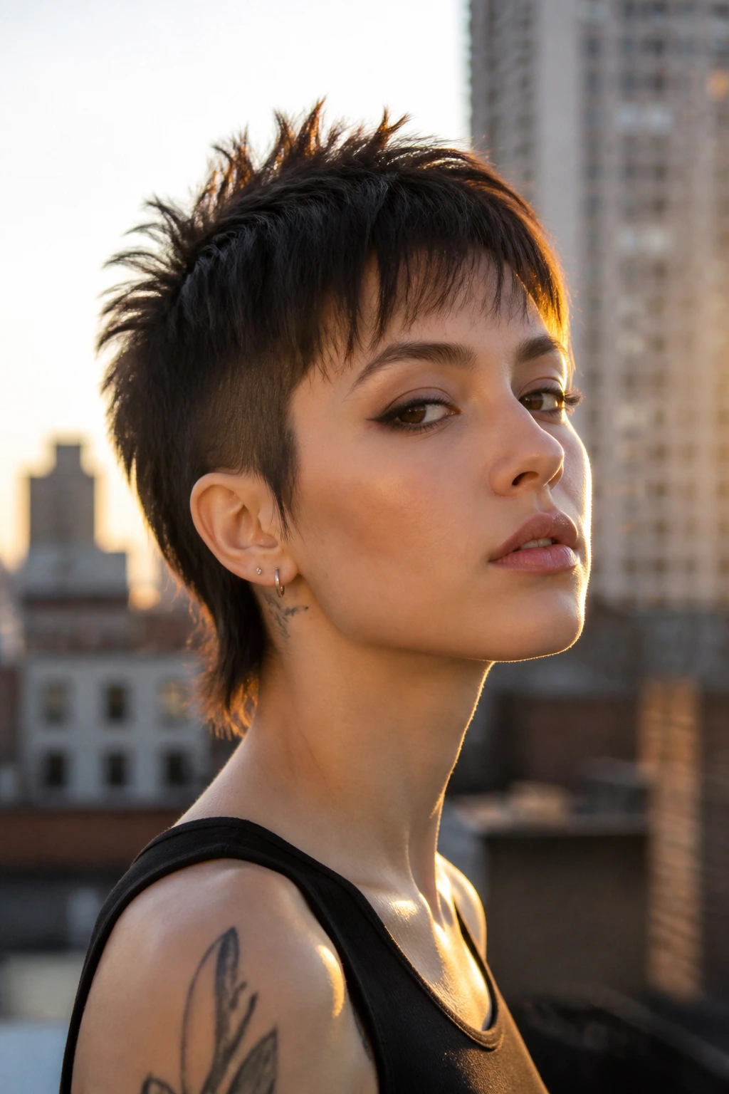 Portrait of a real person with a soft mohawk and wispy bangs in golden hour light