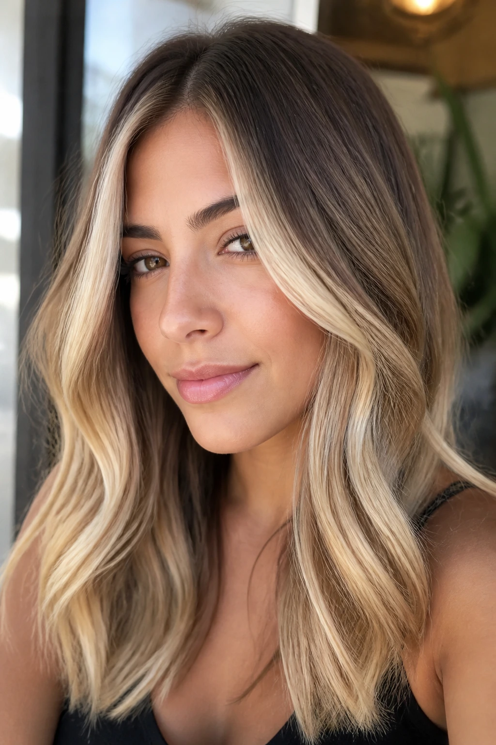 Close-up of a real woman with a soft money piece in champagne and lighter ends.