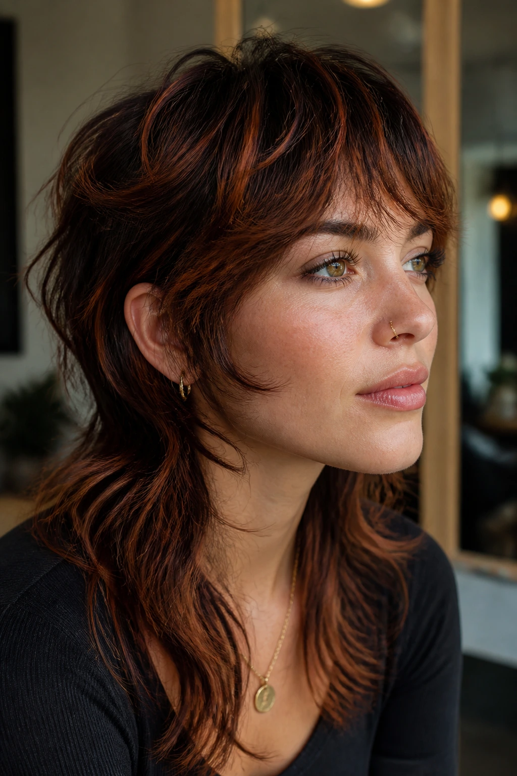 Close-up portrait of a real person with soft mullet and auburn highlights in warm salon light