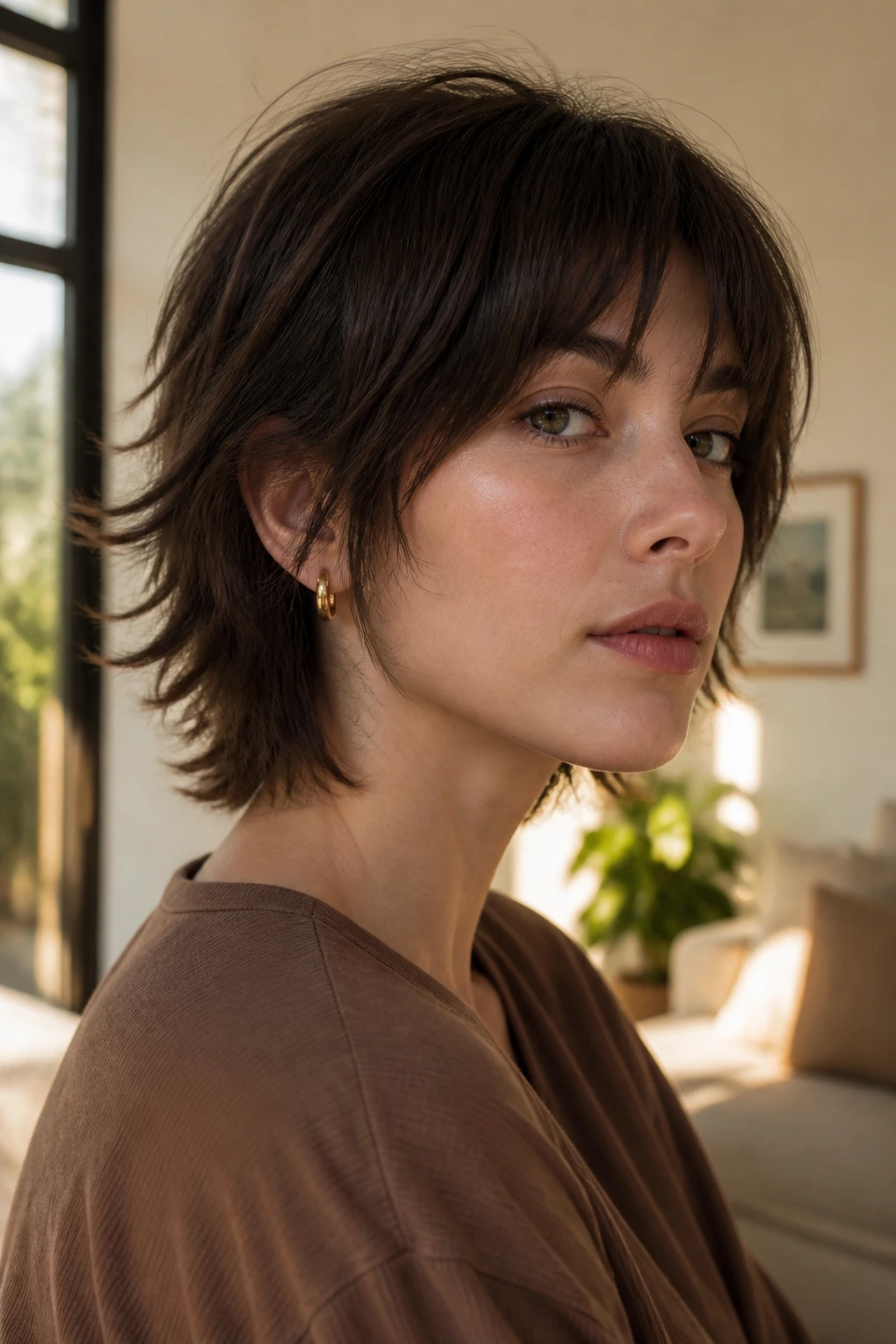 Close-up of a real woman with a soft mullet bob hybrid featuring shorter front and longer back