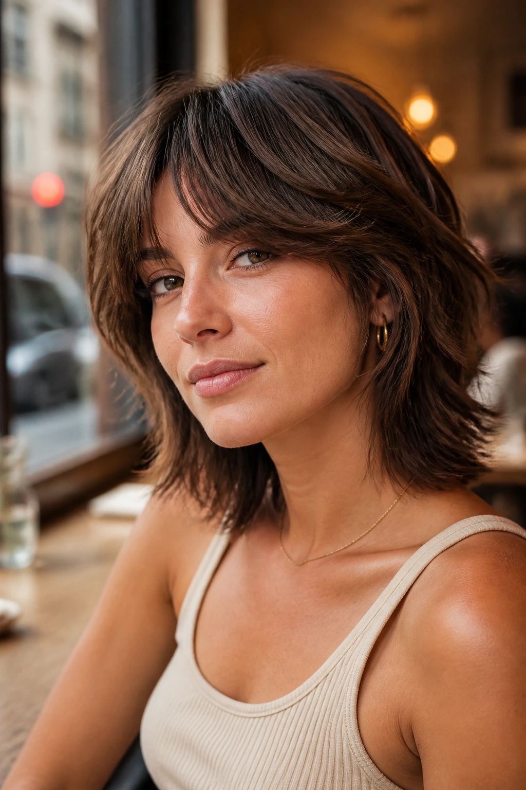 Real woman with soft mullet bob and curtain bangs in cafe lighting