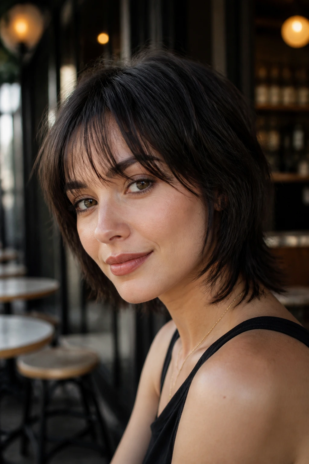 Portrait of a real person with a soft mullet bob and thin fringe.