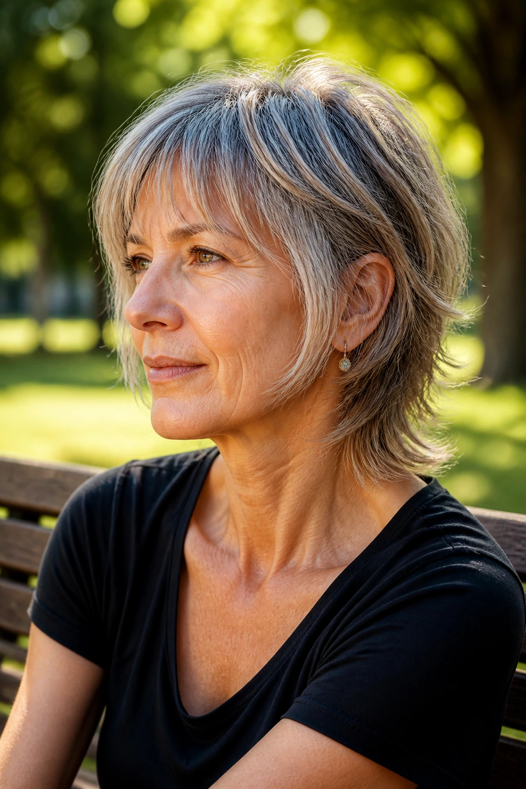 Close-up portrait of a woman with a soft mullet bob