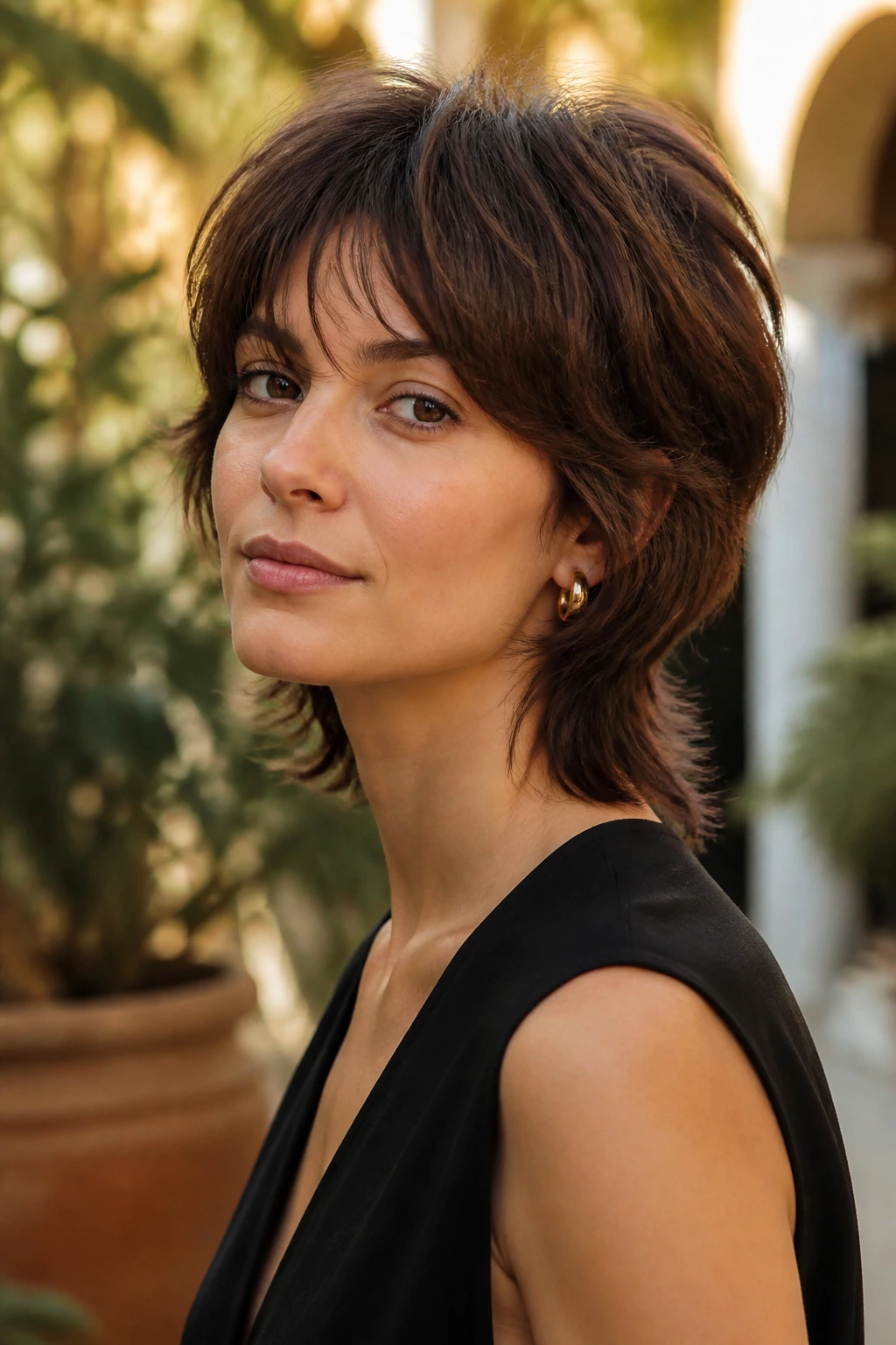Portrait of a woman with a soft mullet bob in golden hour light
