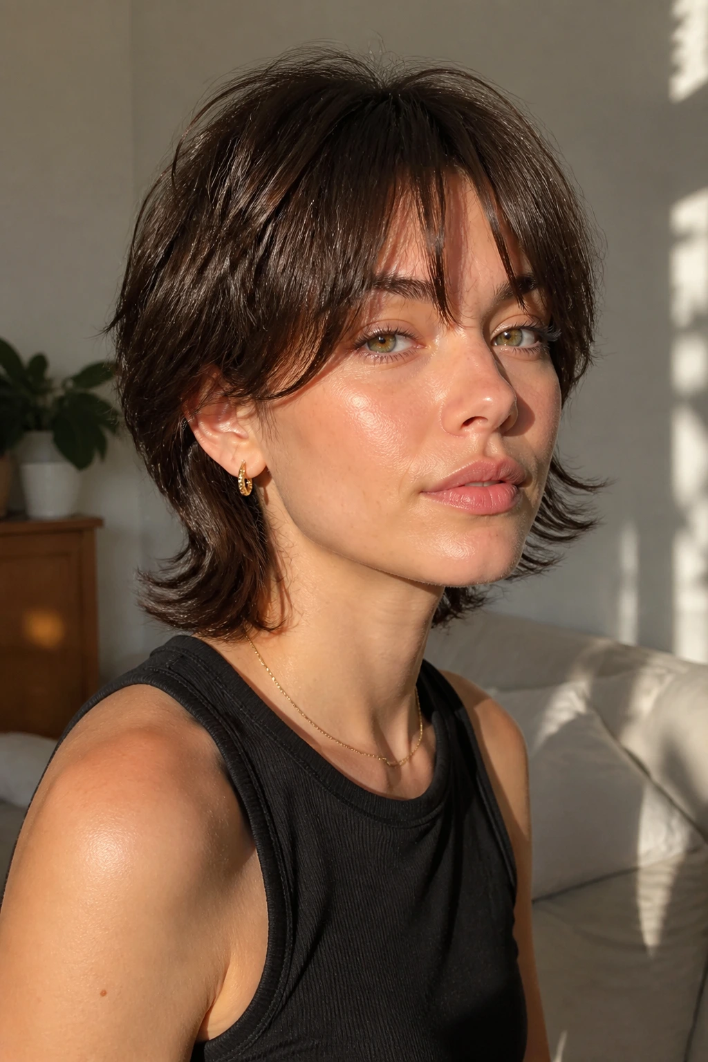 Close-up portrait of a real person with a soft mullet bob and curtain bangs in warm window light.