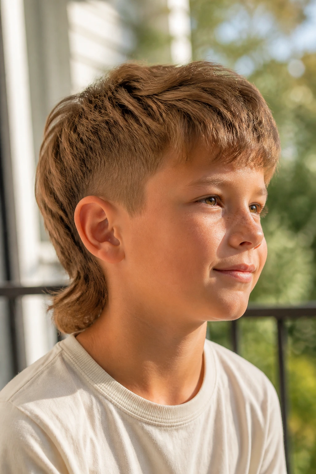 Real boy with soft mullet hairstyle in natural light