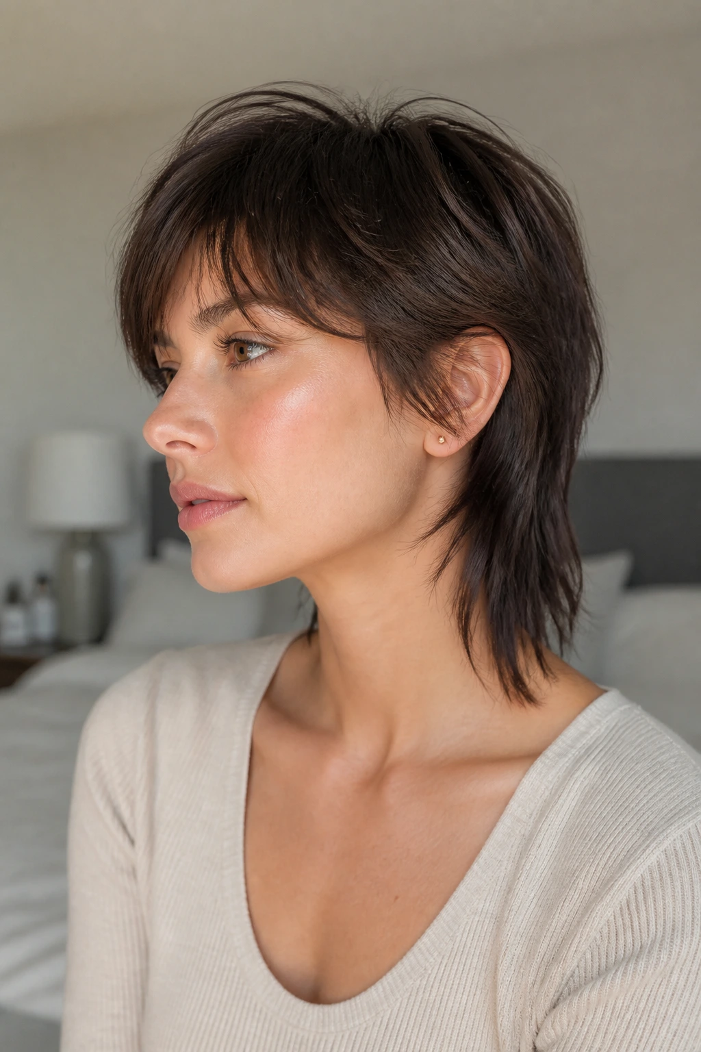 Real woman with soft mullet and clean perimeter in a softly lit bedroom