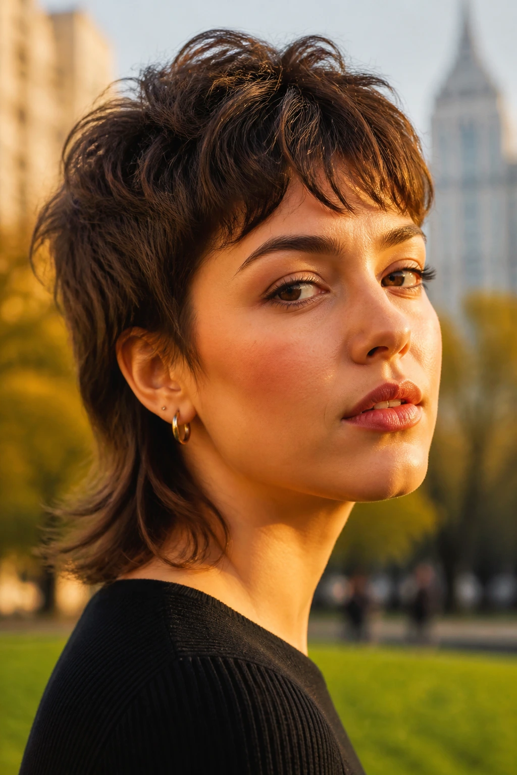 Real person with soft mullet crop hairstyle featuring longer back and lifted top