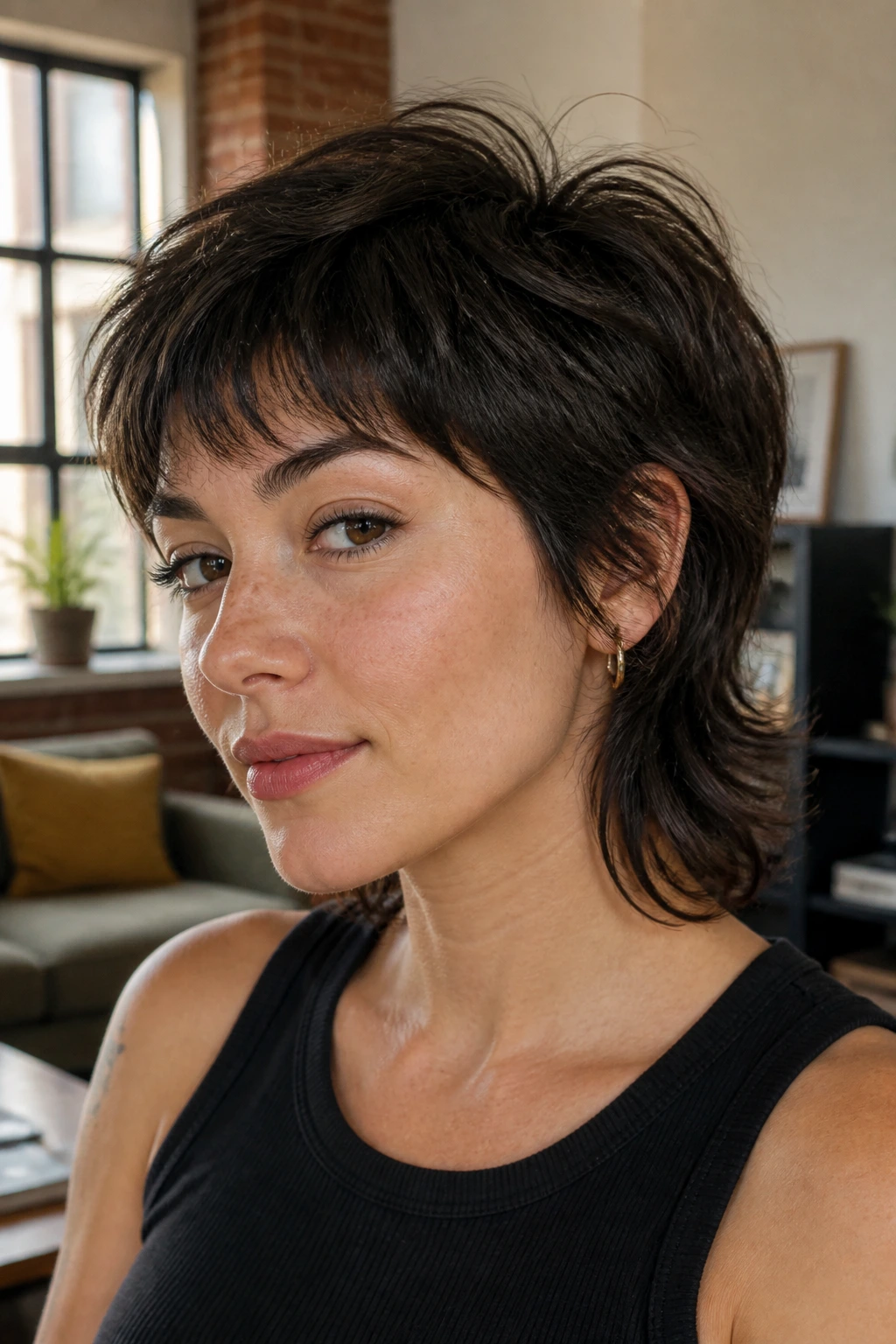 Close-up portrait of a real woman with a soft mullet crop in an urban loft.