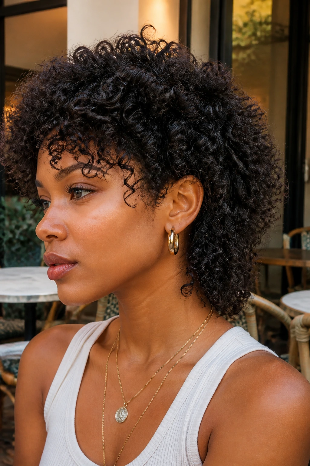 Close-up portrait of a real Black person with a soft mullet shag and defined curls in warm daylight.