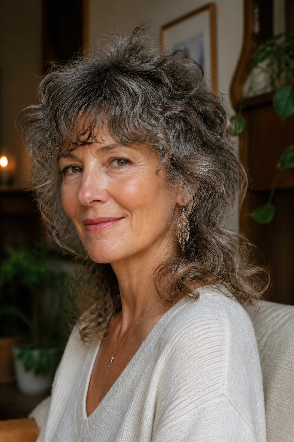 Woman with soft mullet curly shag in warm home lighting
