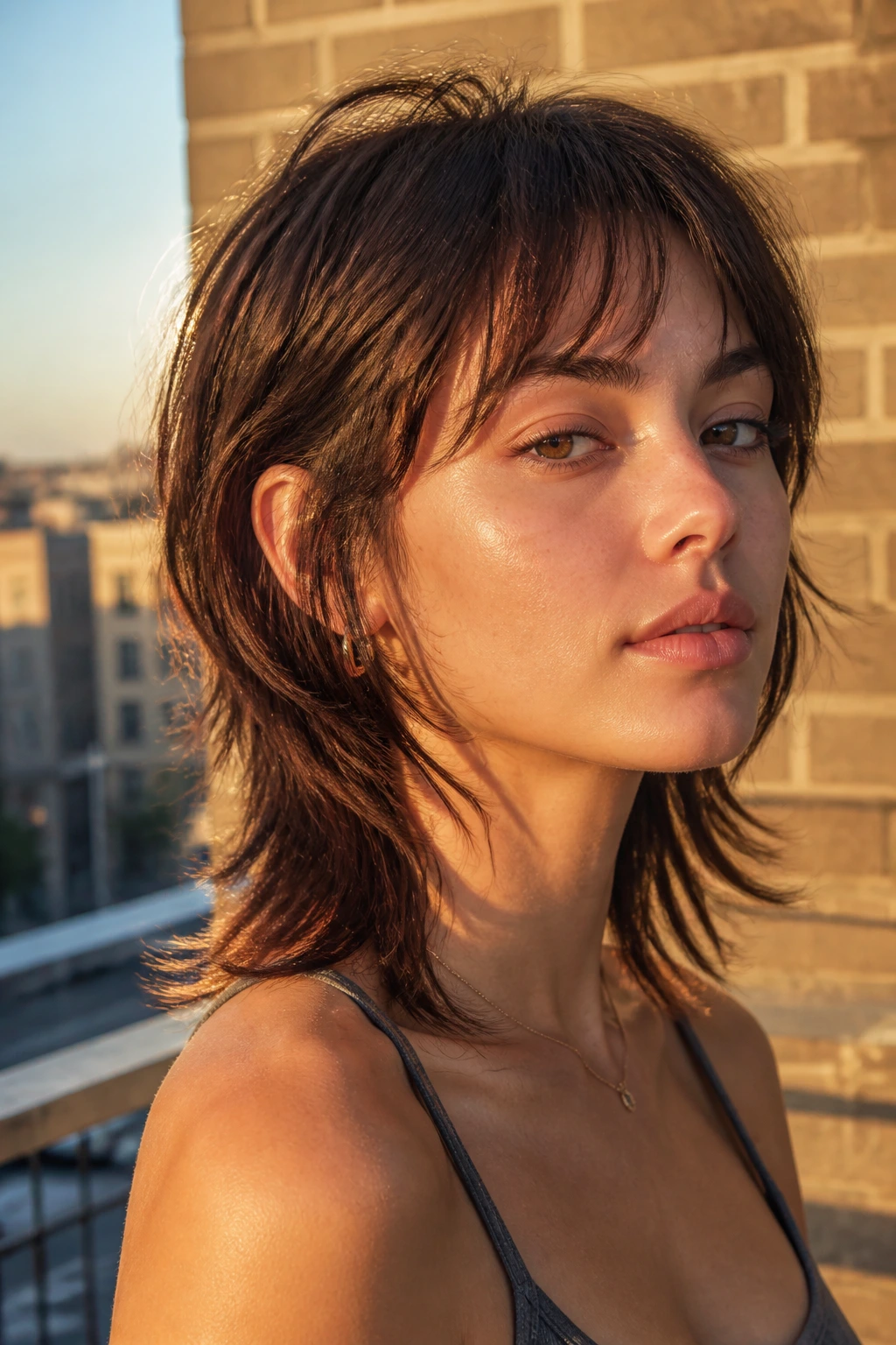 Close-up portrait of a real person with a soft mullet and delicate fringe on a sunlit balcony.
