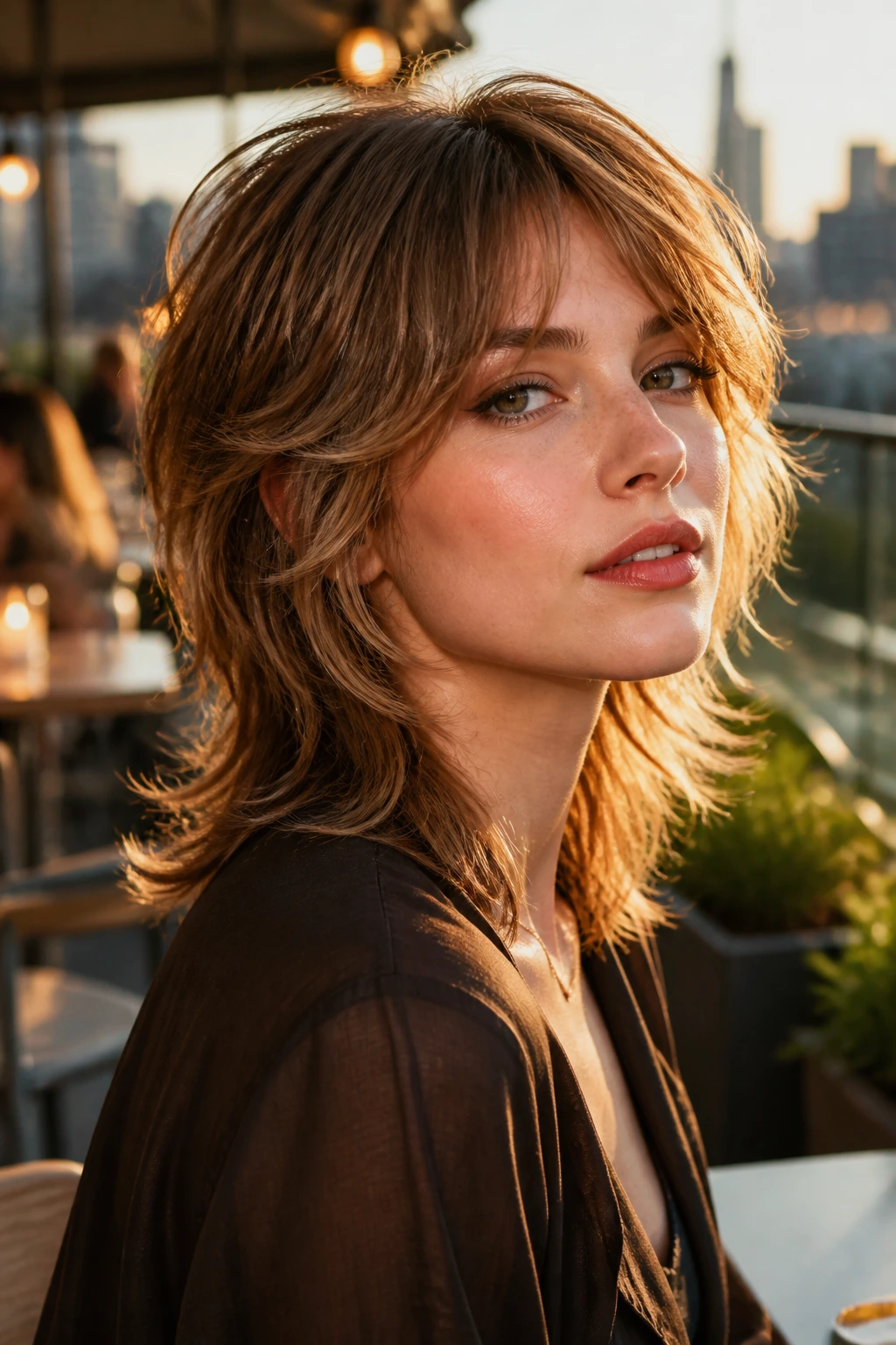 Portrait of a real woman with soft mullet layers and face-lift