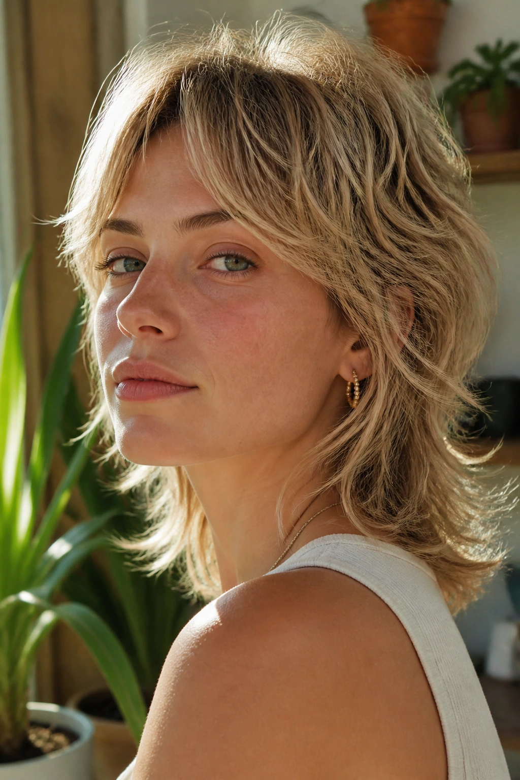 Real person portrait with a soft mullet and feathered ends in a sunlit room.