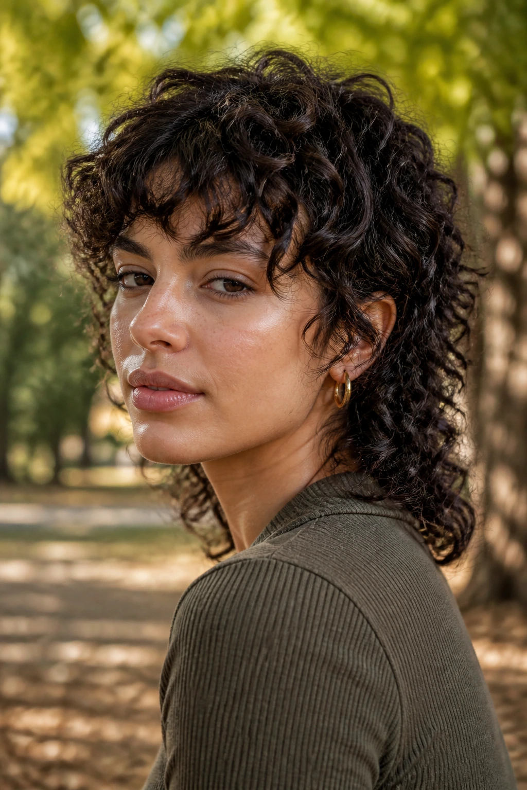 Real person with soft mullet and feathered fringe, 3A curls.