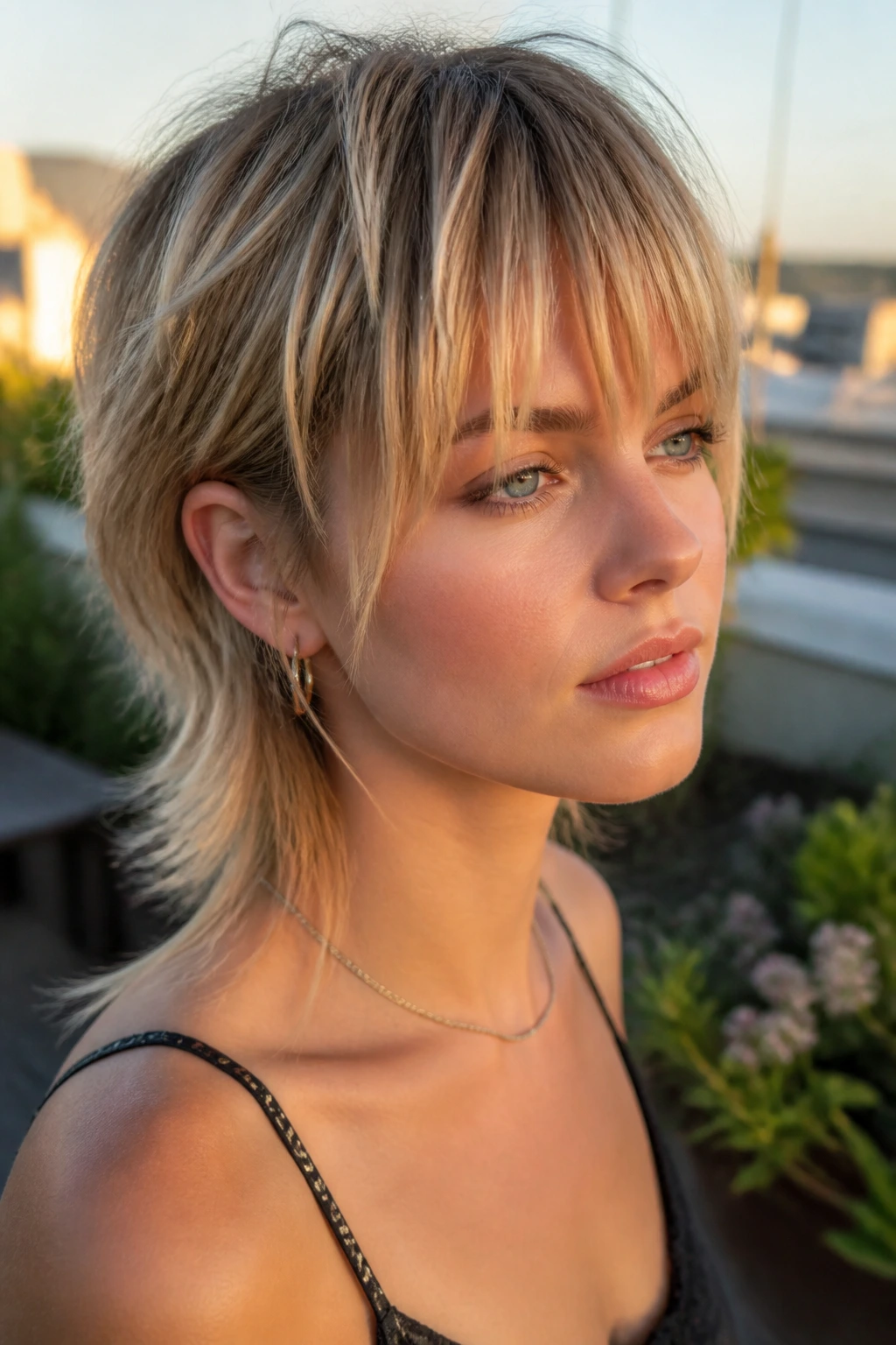 Close-up portrait of a real woman with soft mullet on fine hair in rooftop garden.