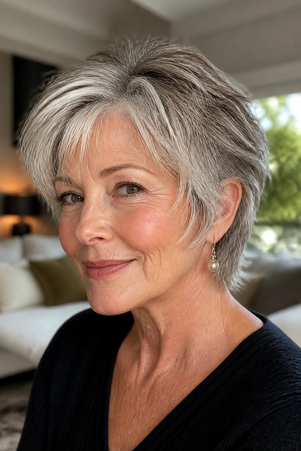 Portrait of an older woman with a soft around-the-face mullet and feathered front